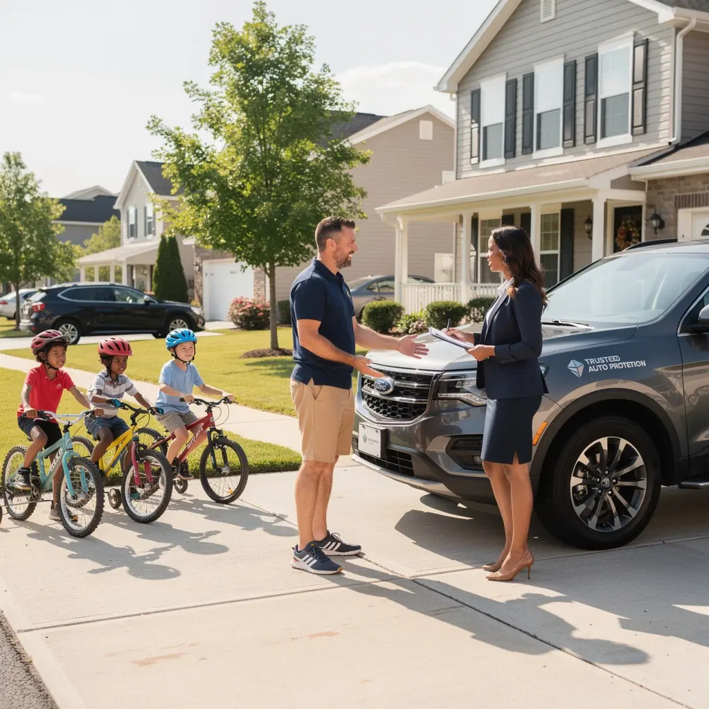 Изображение автомобиля, застрахованного в программе комплексного автомобильного страхования, на фоне городского пейзажа.