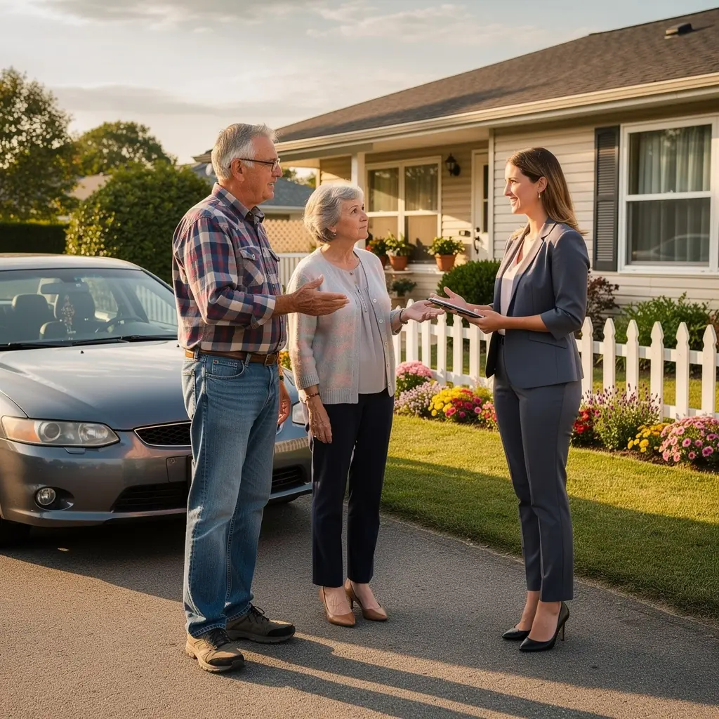 Страхование автомобиля с защитным планом, изображение автомобиля на фоне городских улиц.